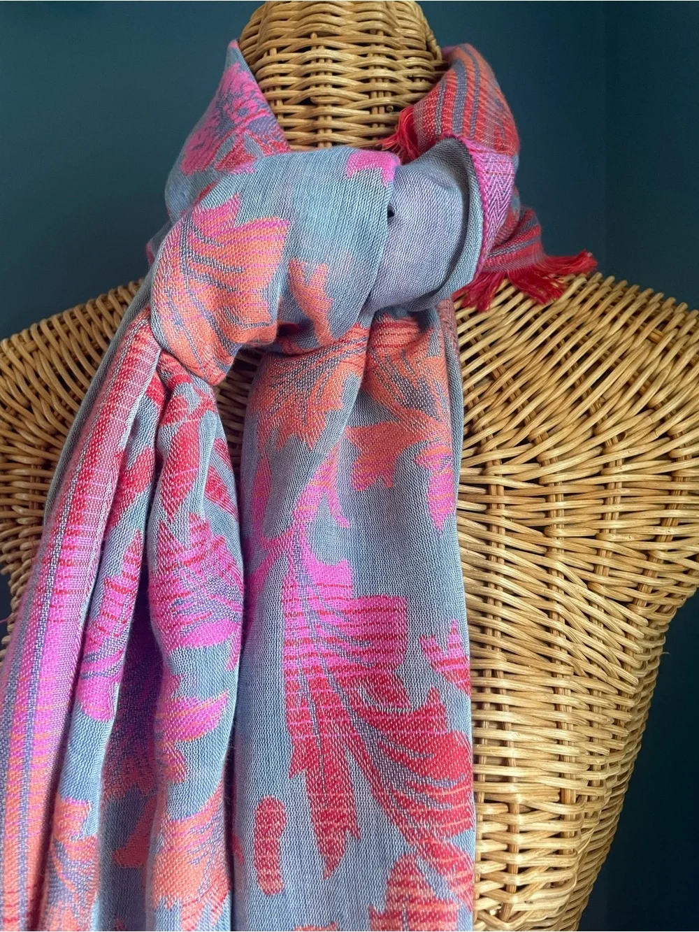 J Jill Very Pretty Ombré Leaves Scarf Jacquard Pink Orange Grey Fringe